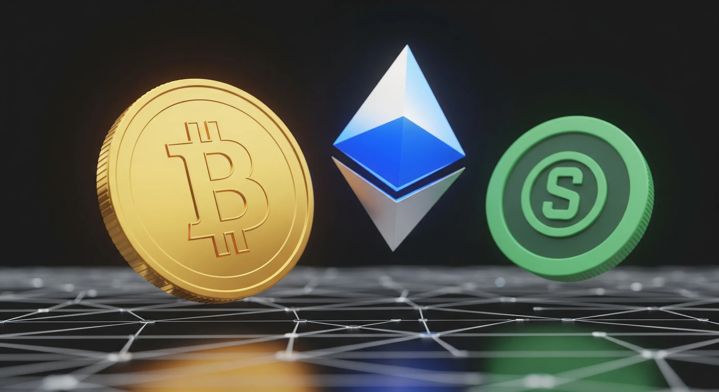 Icons representing Bitcoin, Ethereum, and stablecoins
